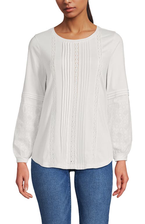 Lands' End Lightweight Jersey Lace Mix Long Sleeve Pintuck Top In White