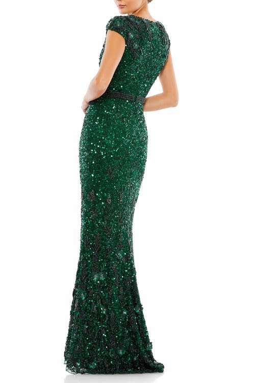 Mac Duggal Embellished V Neck Cap Sleeve Sequin Gown In Bottle Green