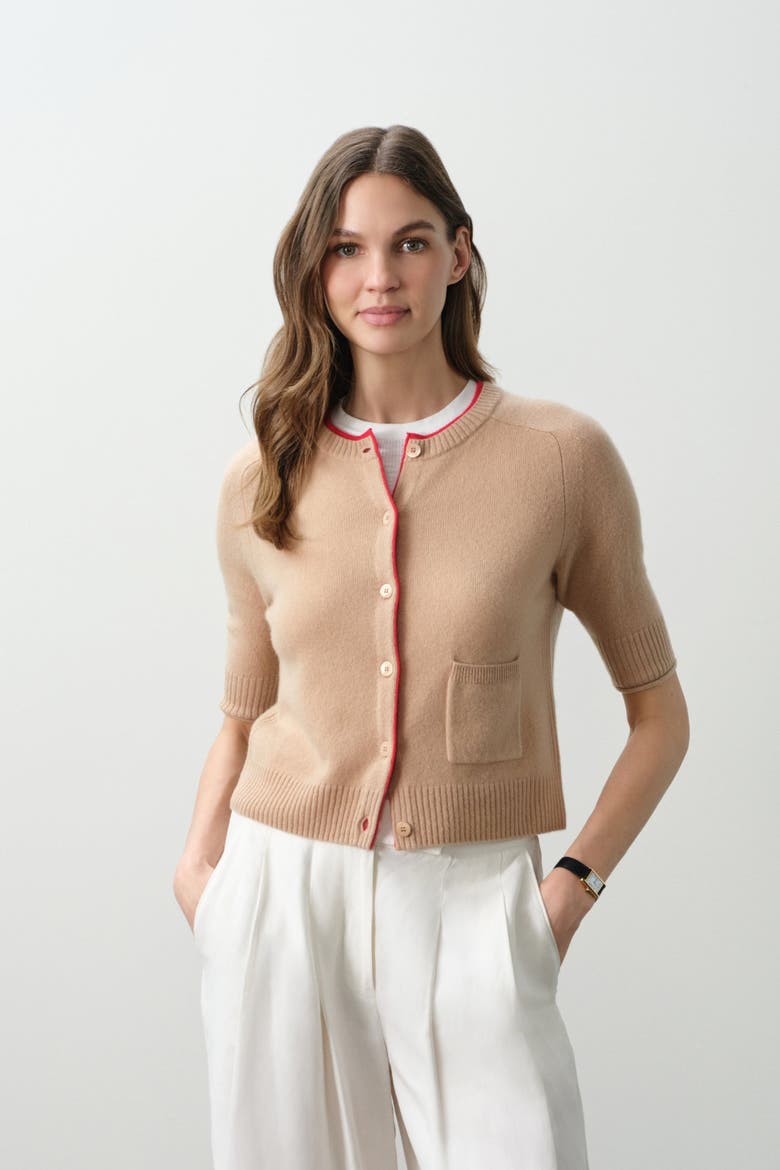 Ana Elbow Sleeve Cashmere Cardigan, Alternate, color, HONEY/POPPY