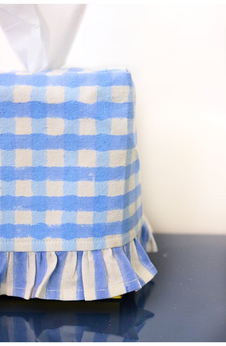 Inner Child Ruffled Tissue Box Cover, Alternate, color, Gingham Blockprint