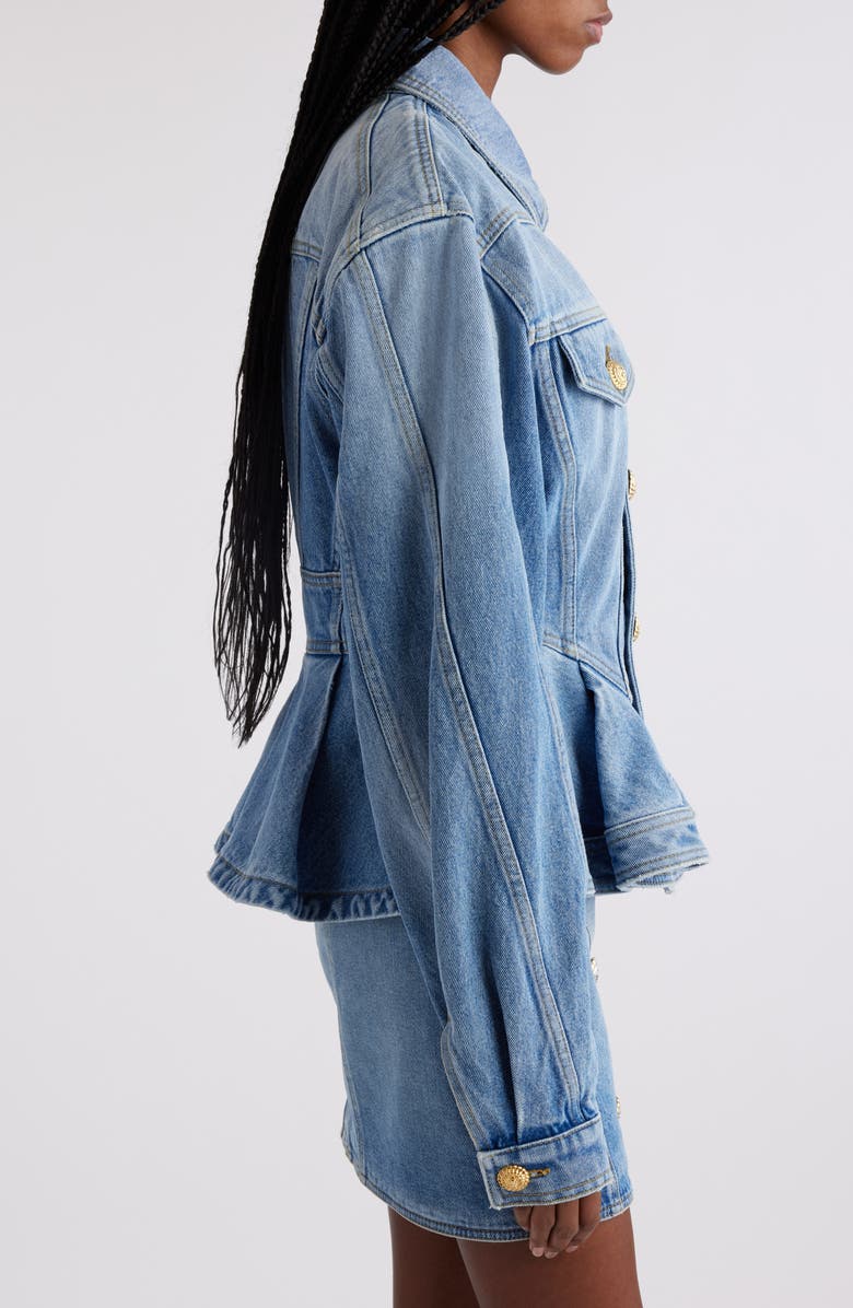 Balmain Peplum Denim Jacket, Alternate, color, 