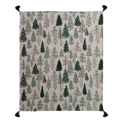 Artisan Cotton Throw with Tree Motif and Tassels