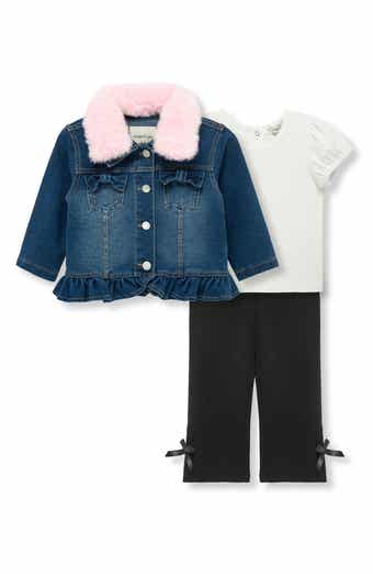 Habitual Kids Knit Denim Jacket with Faux Fur Collar, T-Shirt & Pants Set