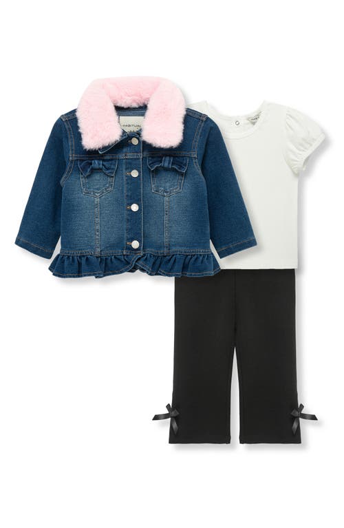 Habitual Kids Knit Denim Jacket with Faux Fur Collar, T-Shirt & Pants Set in Indigo  product