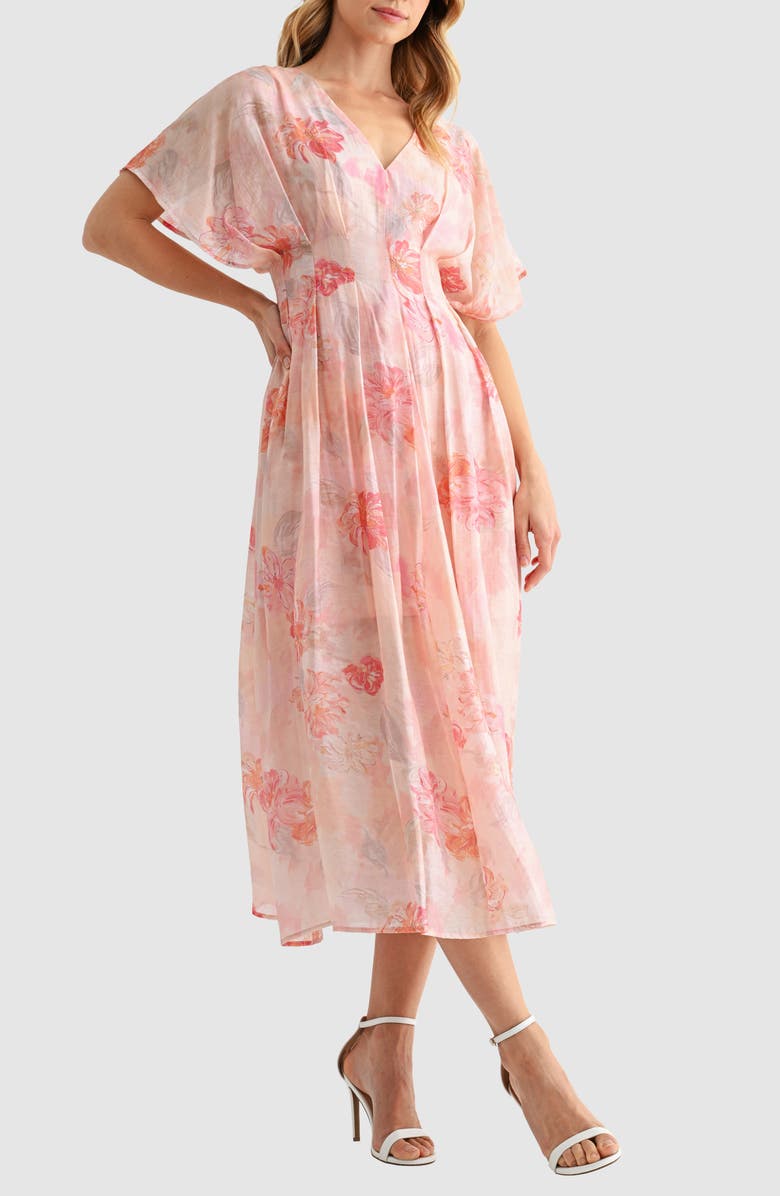 Mila Mae Floral Short Sleeve Fit & Flare Midi Dress, Alternate, color, Dusty Pink/ Mauve