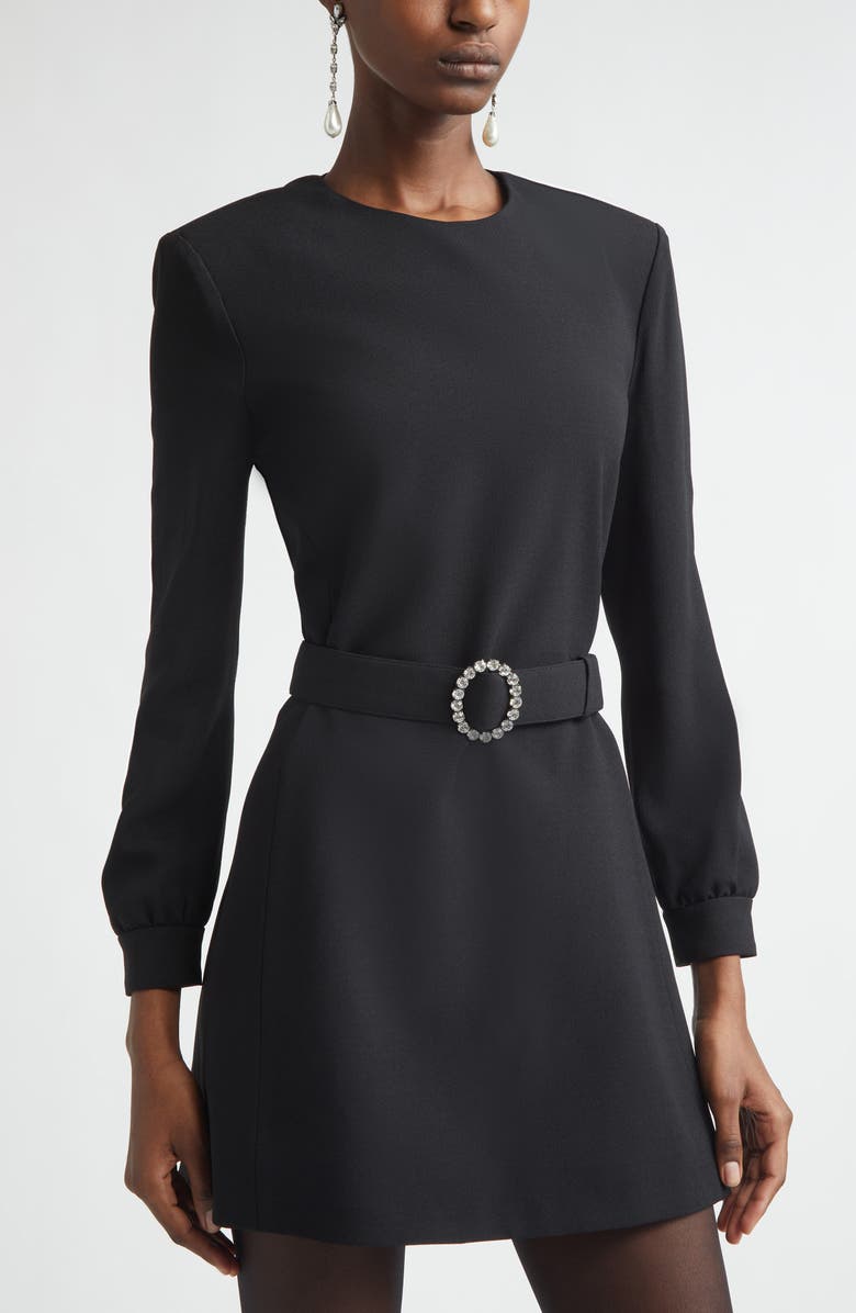 Saint Laurent Crystal Belt Long Sleeve Open Back Minidress, Alternate, color, Noir