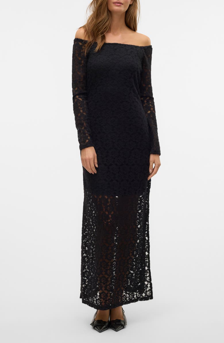 VERO MODA Riri Off the Shoulder Long Sleeve Lace Maxi Dress, Main, color, Black