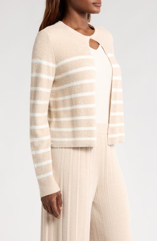 Barefoot Dreams Cozy Chic Lite Striped Cardigan With Button Stone/pearl In Stone/pearl