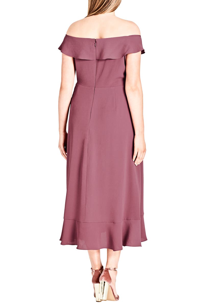 City Chic Off the Shoulder Ruffle High/Low Dress, Alternate, color,