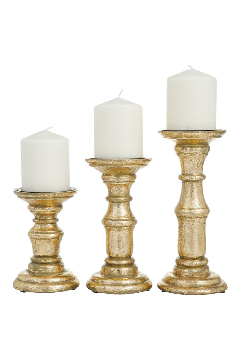 Goldtone Mango Wood Turned Style Pillar Candle Holder - Set of 3, Main, color, GOLD