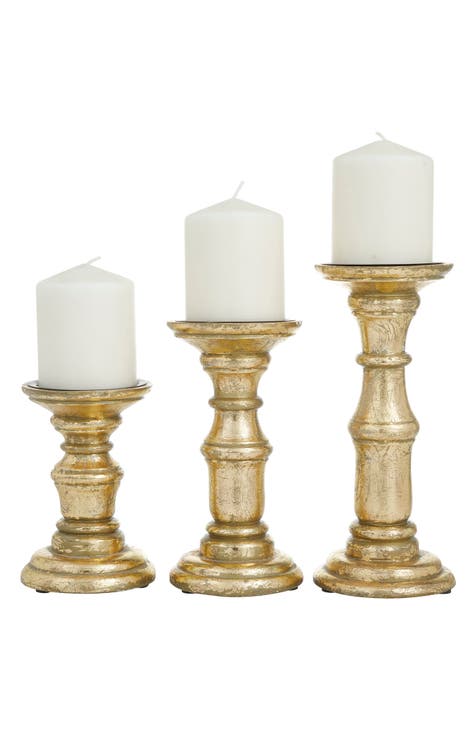 Goldtone Mango Wood Turned Style Pillar Candle Holder - Set of 3