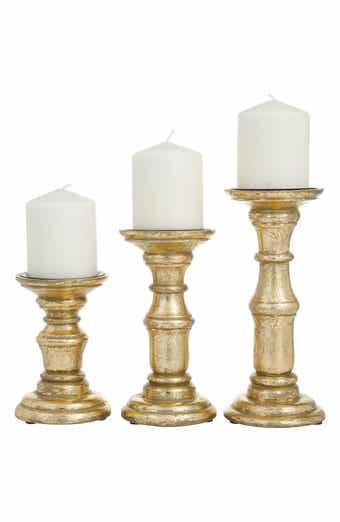 VIVIAN LUNE HOME Goldtone Mango Wood Turned Style Pillar Candle Holder - Set of 3