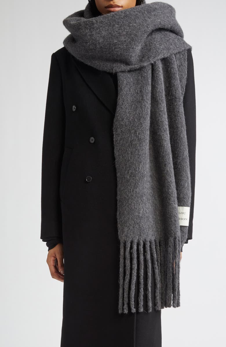 LOULOU DE SAISON Santo Large Baby Alpaca Blend Fringe Scarf, Main, color, Anthracite Melange
