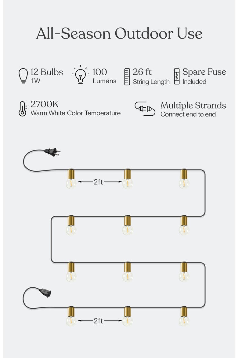 27 ft, 12 Light Plug In Heavy Duty Weatherproof LED Outdoor String Lights, Gold Accent Brass Socket and Round Bulbs, Alternate, color, 27 ft 12 Bulbs | Soft White