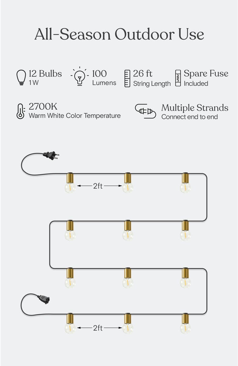 Brightech 27 ft, 12 Light Plug In Heavy Duty Weatherproof LED Outdoor String Lights, Gold Accent Brass Socket and Round Bulbs, Alternate, color, 27 Ft 12 Bulbs | Soft White