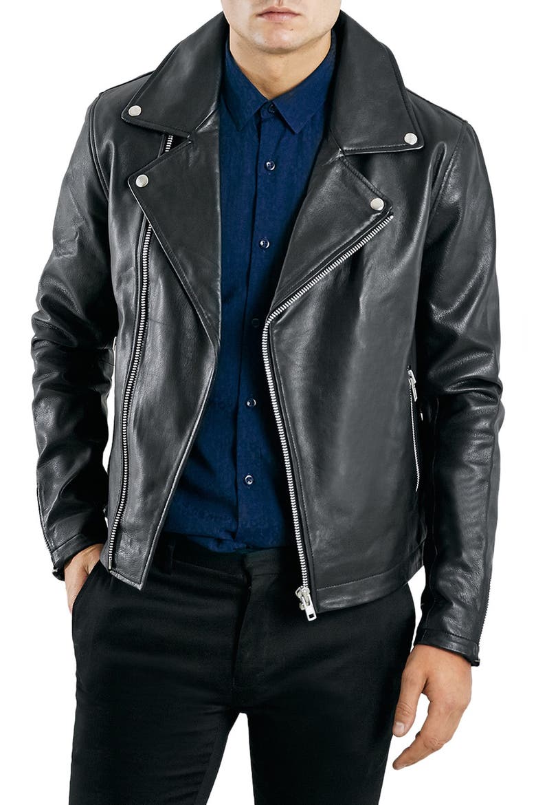 Black Leather Biker Jacket, Main, color, BLACK