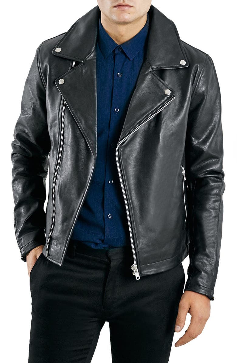 Topman Black Leather Biker Jacket, Main, color, 