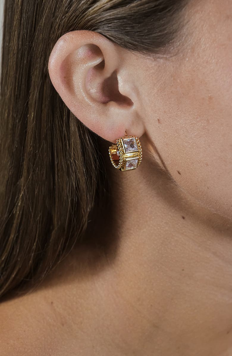 Sterling Forever Cassia Cubic Zirconia Huggie Hoop Earrings, Alternate, color, Gold