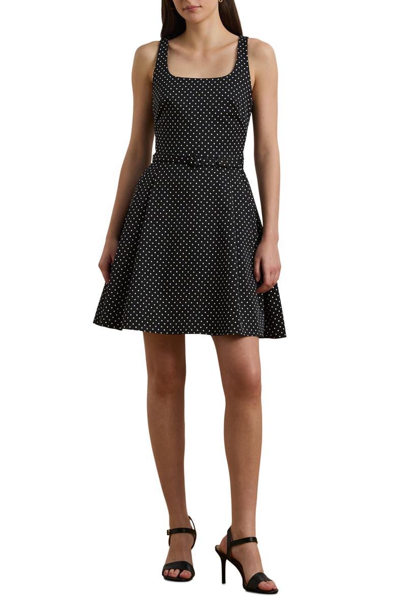 Lauren Ralph Lauren Polka Dot Belted Minidress, Main, color, Black/ Cream