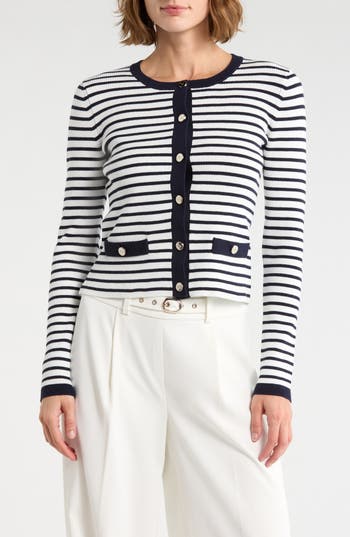 Elie Tahari The Sabella Cardigan in Sky White /Navy at Nordstrom Rack, Size X-Small