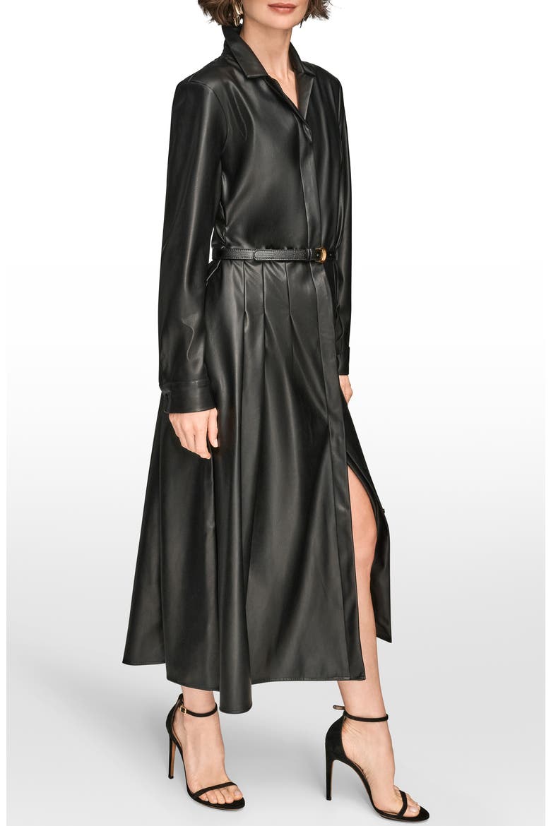 Donna Karan New York Long Sleeve Faux Leather Pleated Dress (Women)