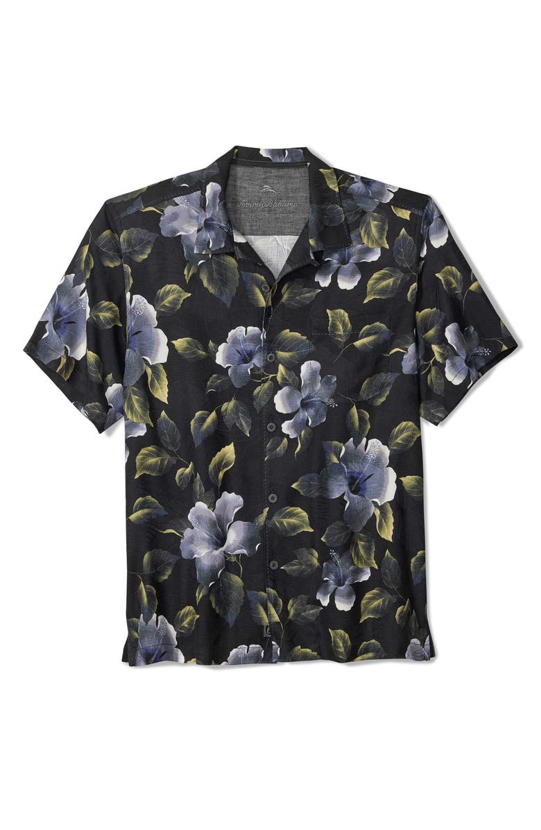 Tommy Bahama Elegant Eclipse Floral Slub Silk Camp Shirt, Main, color, Black