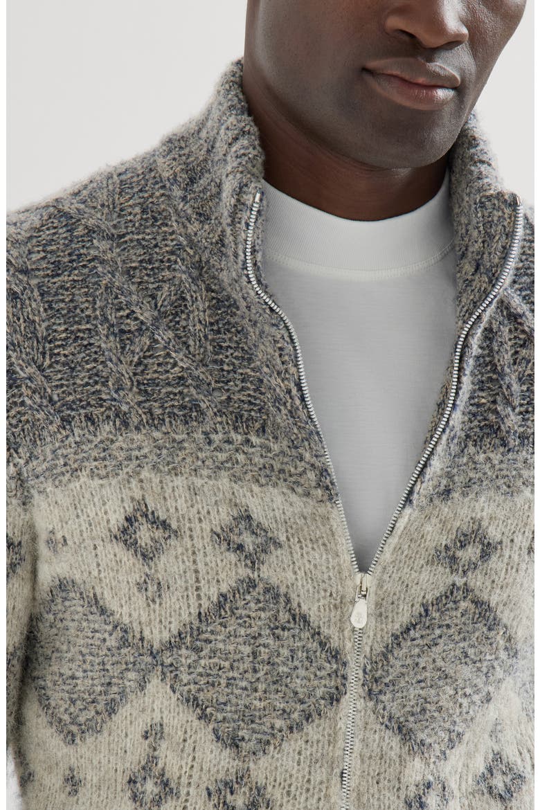 Virgin wool, silk and cashmere chiné cable knit cardigan with intarsia, Alternate, color, Cerulean