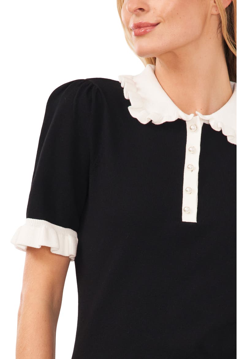 Contrast Trim Short Sleeve Polo Sweater, Alternate, color, RICH BLACK