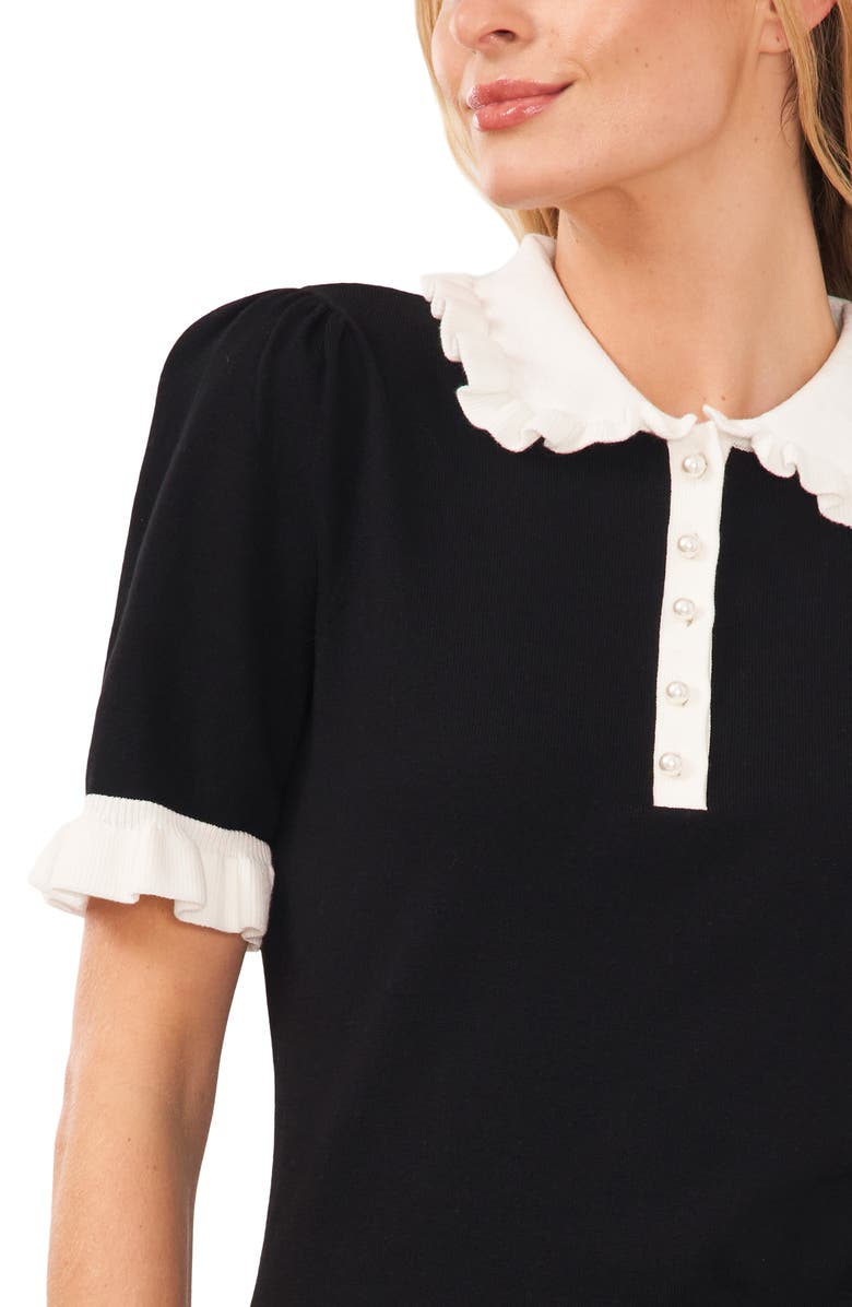 CeCe Contrast Trim Short Sleeve Polo Sweater, Alternate, color, Rich Black