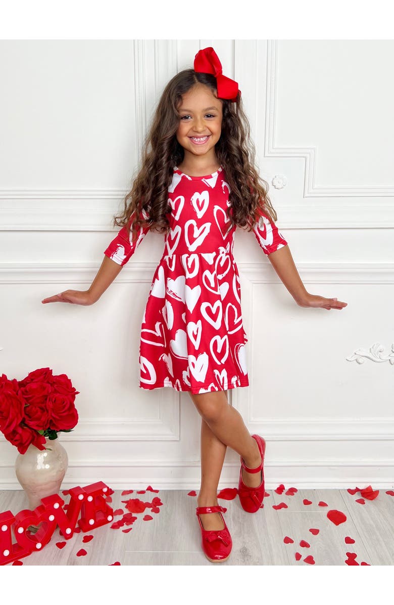 Mia Belle Girls Radiant Heart Twirly Long Sleeve Skater Dress, Alternate, color, Red