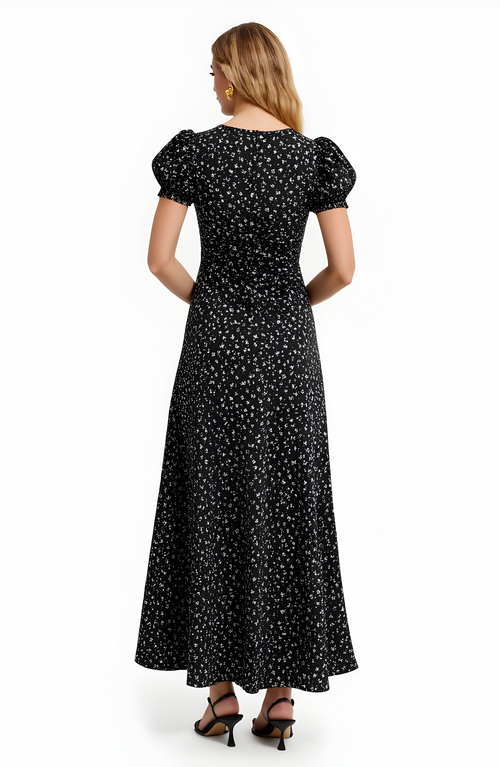 Modenaire Floral Print Maxi Dress With Puff Sleeves In Black