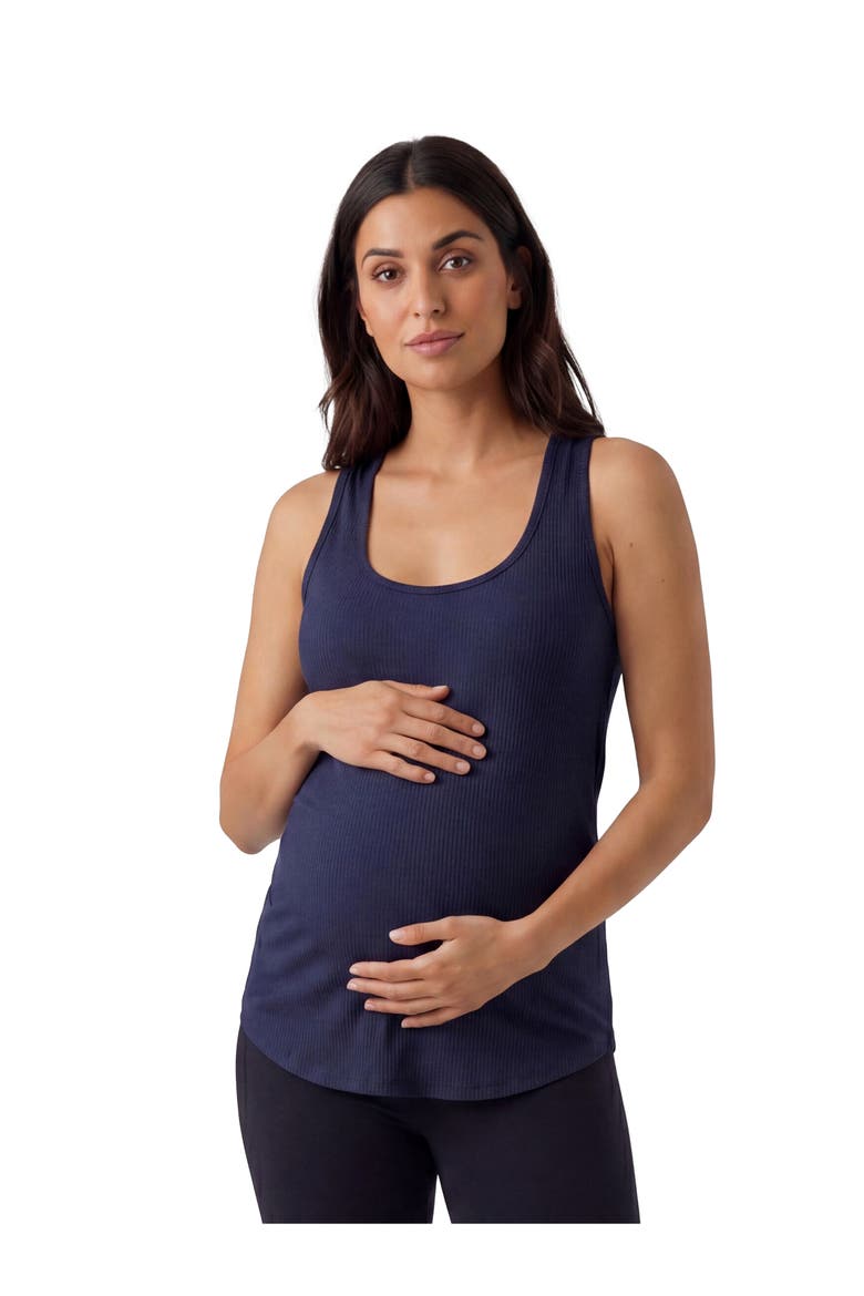 Maternity Basic Ribbed Knit Sleeveless Scoop Neck Long Flared Tank Top, Main, color, Navy