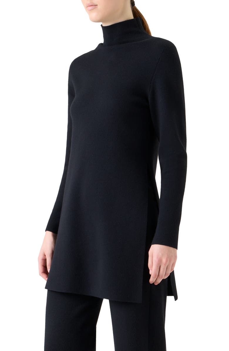 Akris Fine Gauge Cashmere & Silk Tunic Turtleneck Sweater, Alternate, color, Black