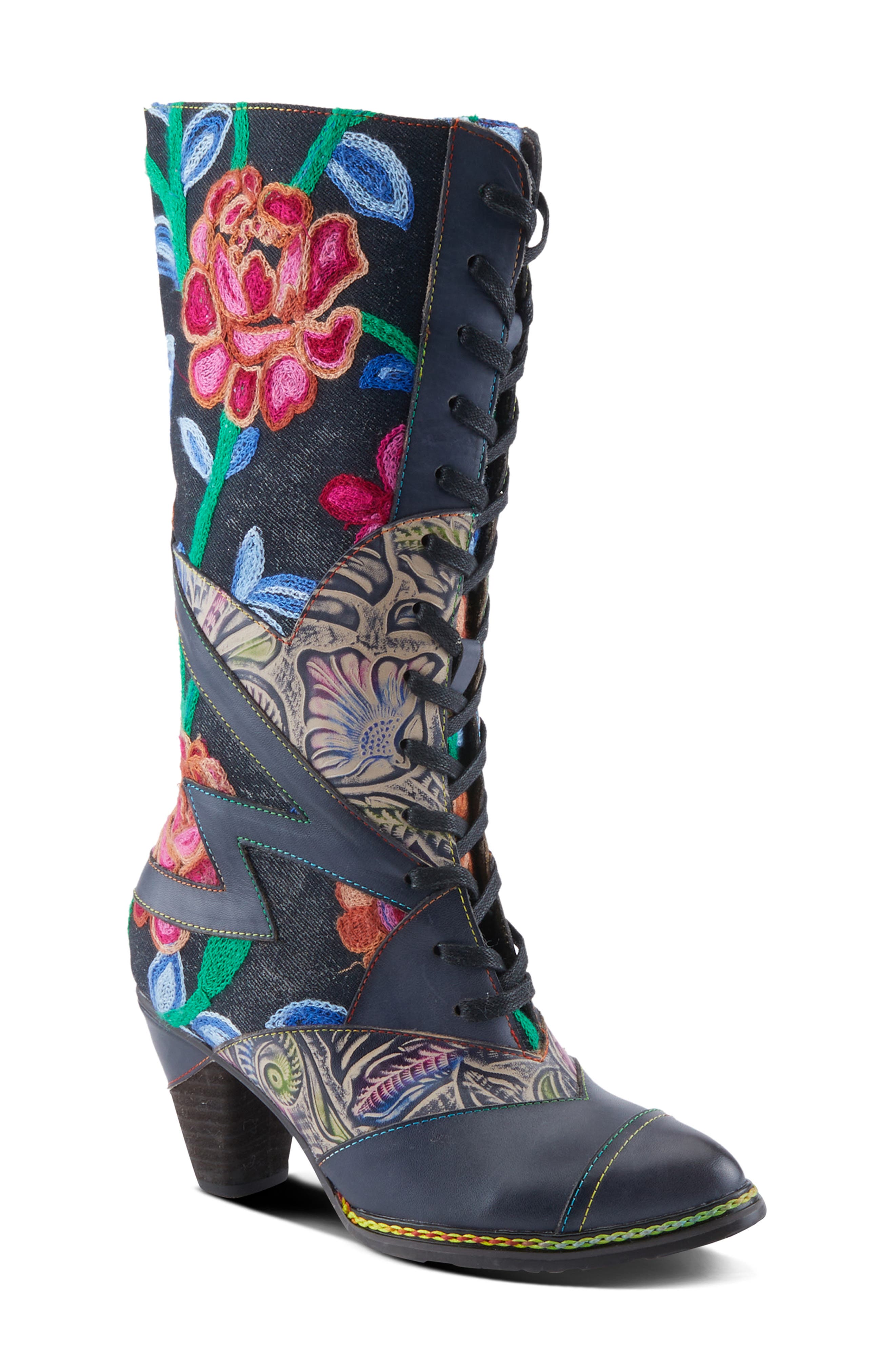 L'Artiste by Spring Step Malagie Lace-Up Cap Toe Knee High Boot, Main, color, Navy Multi