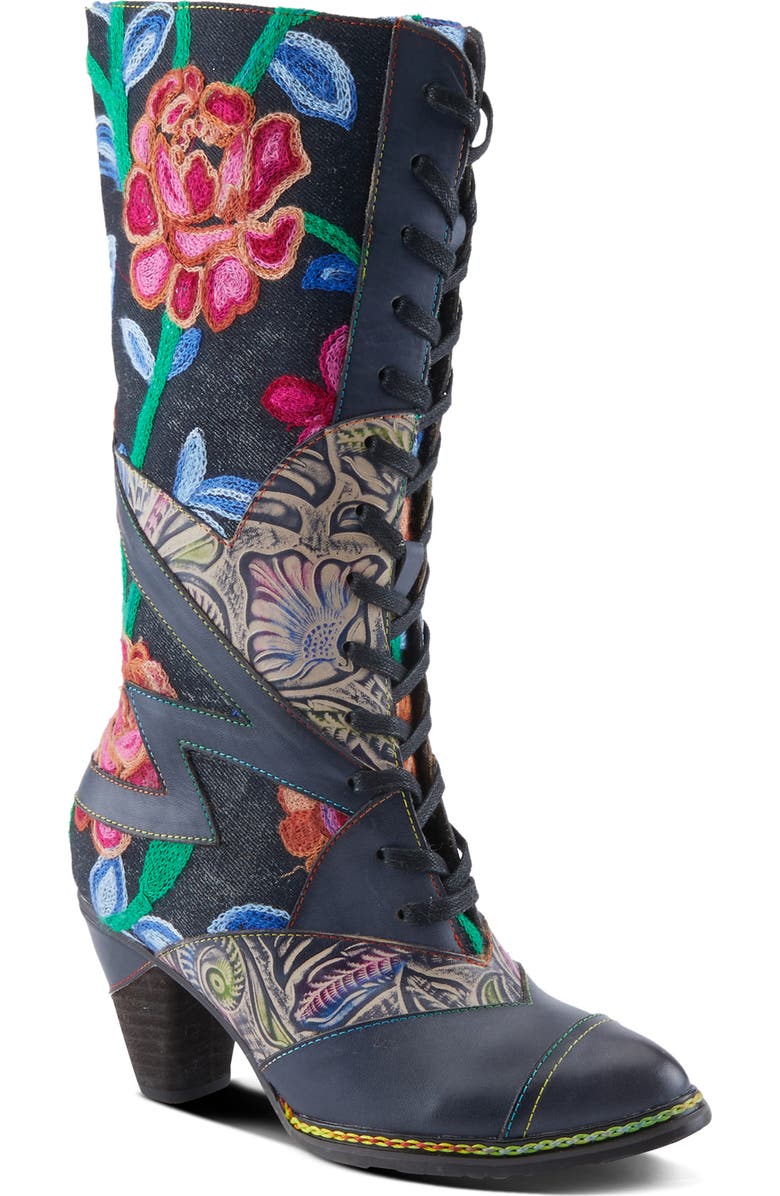 L'Artiste by Spring Step Malagie Lace-Up Cap Toe Knee High Boot, Main, color, Navy Multi