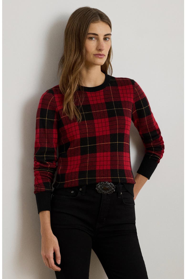 Plaid Crewneck Cotton Blend Sweater, Alternate, color, BLACK/ RED MULTI