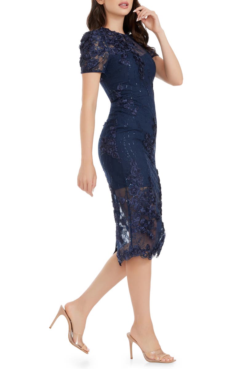 Dress the Population Lia Sequin & Flower Appliqué Sheath Dress, Alternate, color, Navy