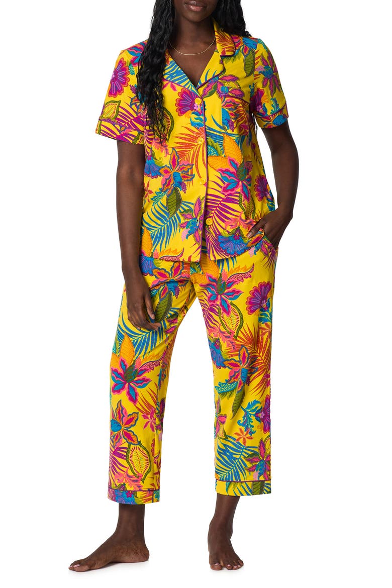 Print Stretch Organic Cotton Jersey Crop Pajamas, Main, color, JACOBEAN FLORAL