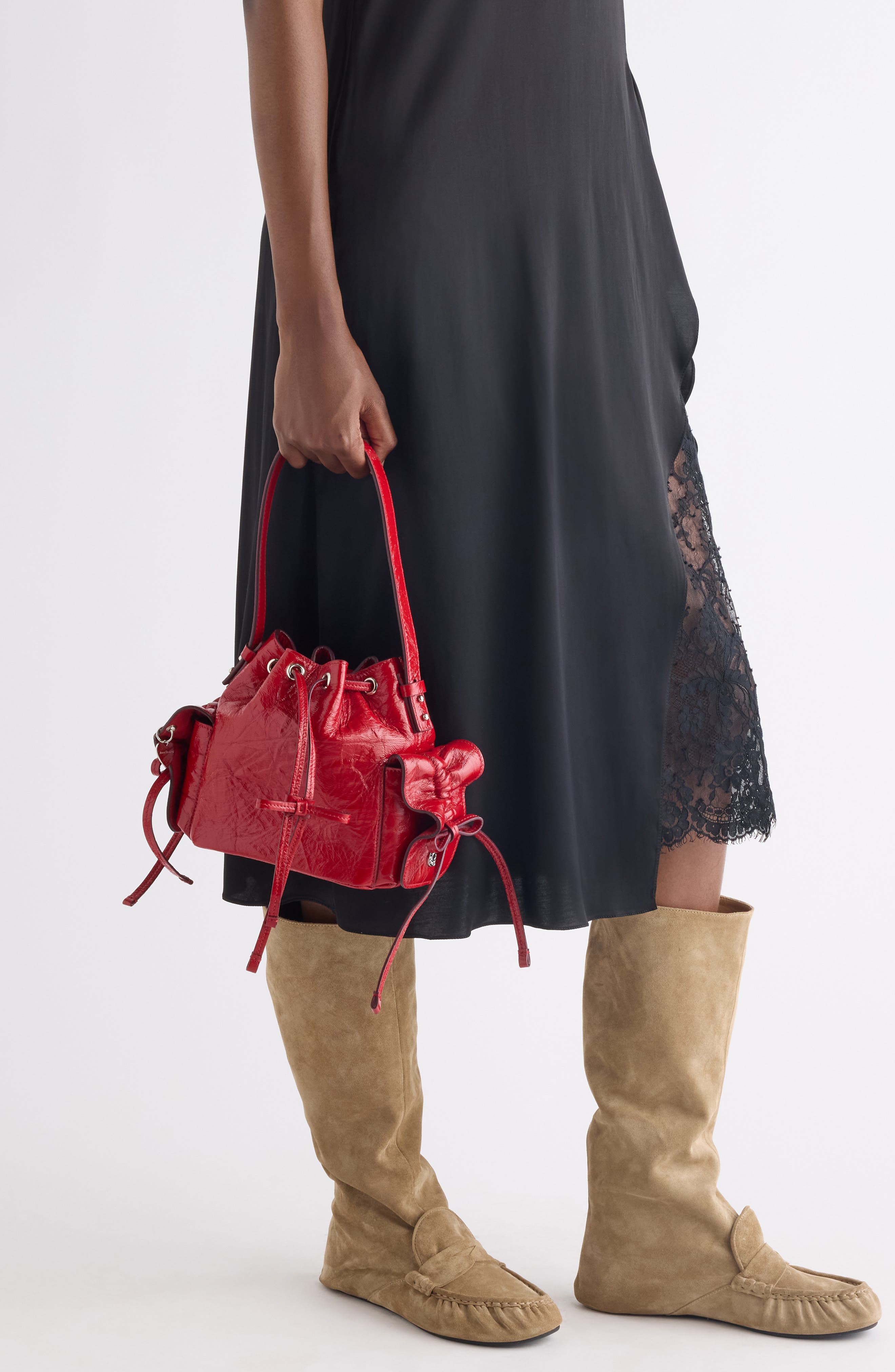 Acne Studios Mini Multipocket Crinkled Shiny Leather Bucket Bag, Alternate, color, Red