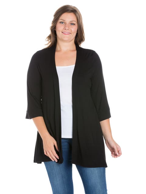 Plus Size Elbow Length Sleeve Open Front Cardigan