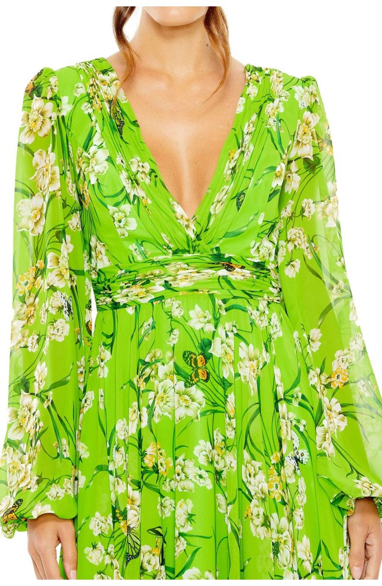 Mac Duggal Puff Sleeve Floral Chiffon Gown, Alternate, color, Green Multi