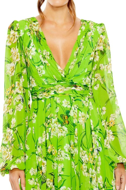 Mac Duggal Puff Sleeve Floral Chiffon Gown In Green Multi