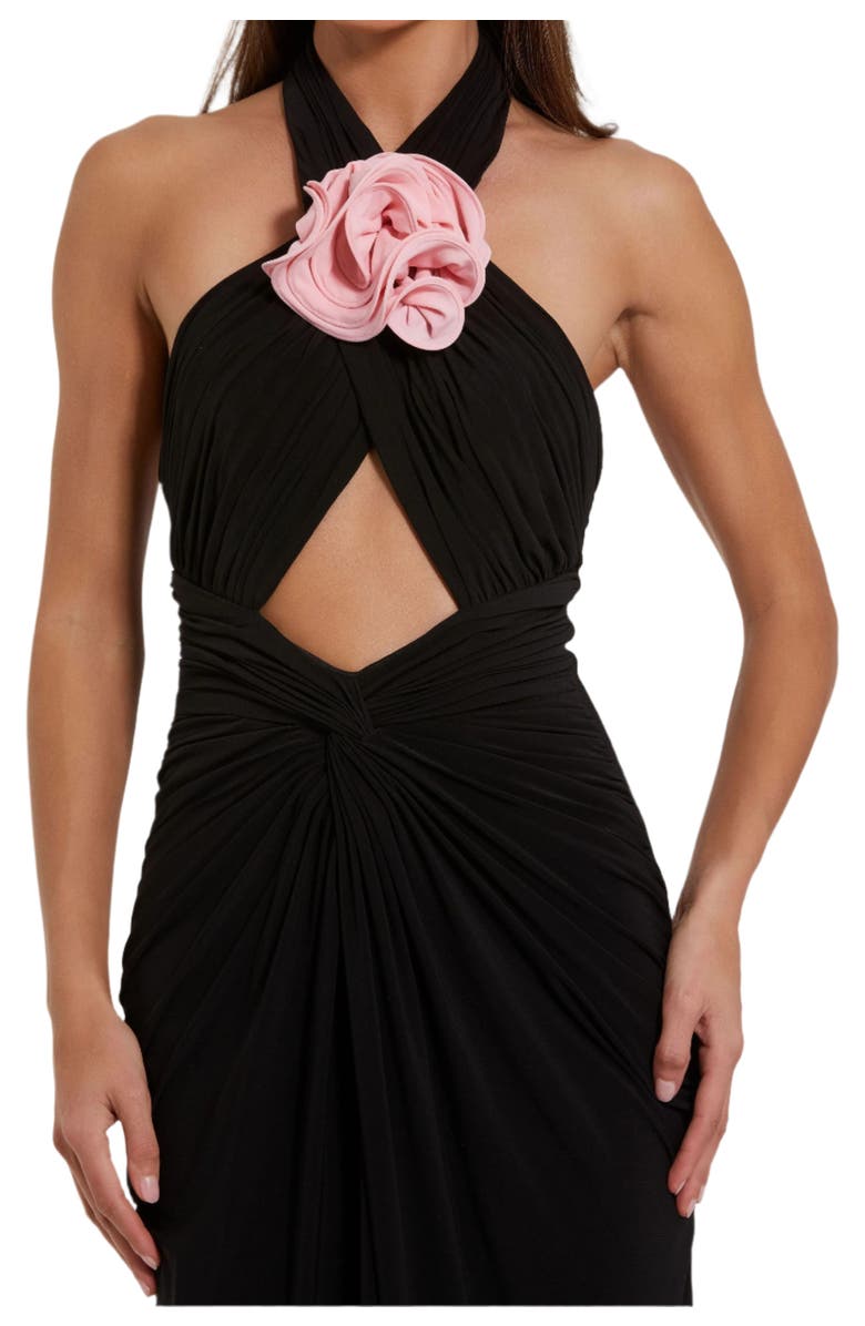 Mac Duggal Jersey Crossover Halter Neck Gown With 3D Flower, Alternate, color, Black Pink
