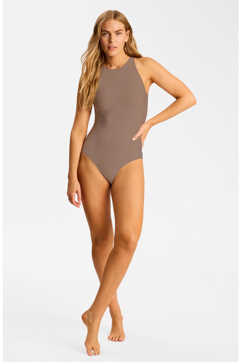 Butter Crewneck Tank Thong Bodysuit, Alternate, color, TRUFFLE