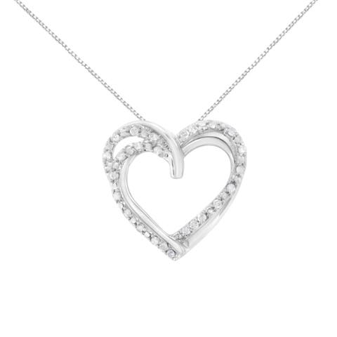 Silver 1/4 cttw Prong Set Round-Cut Diamond Woven Double Heart Pendant Necklace
