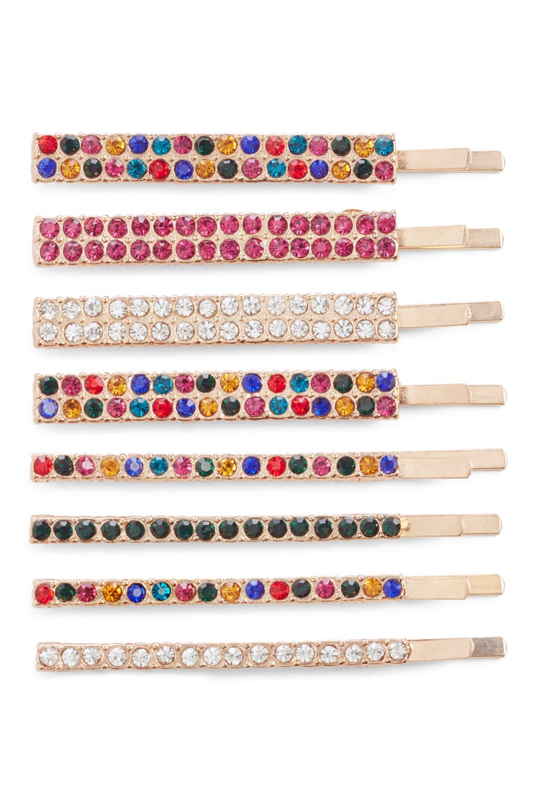 x Claudia Sulewski Set of 8 Crystal Hair Clips, Main, color, GOLD MULTI