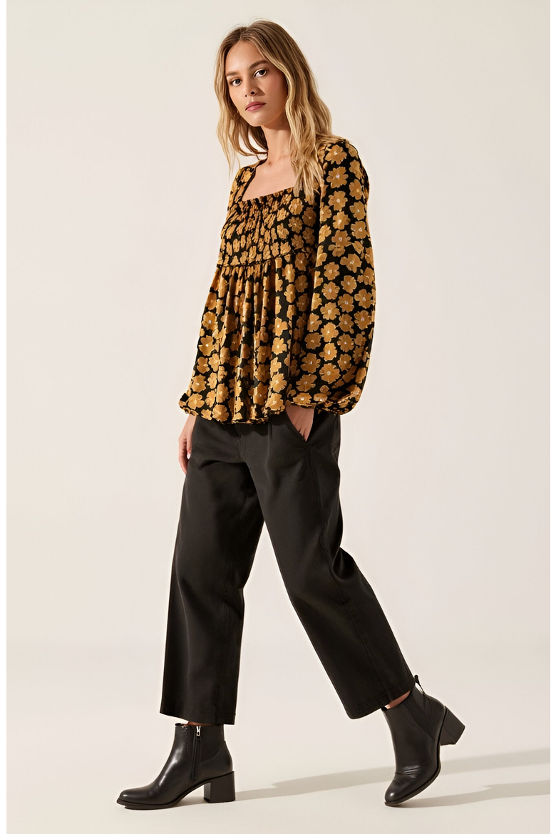 Floral Print Smocked Bodice Long Sleeve Top with Square Neckline, Alternate, color, Floral Print