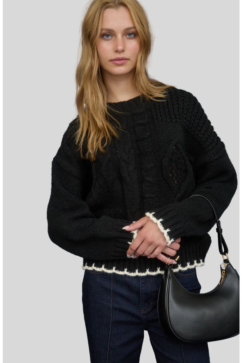 Mixed Cable Knit Sweater, Alternate, color, BLACK