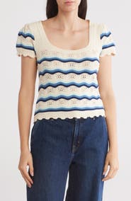 DR2 by Daniel Rainn Cotton Wavy Stripe Short Sleeve Sweater