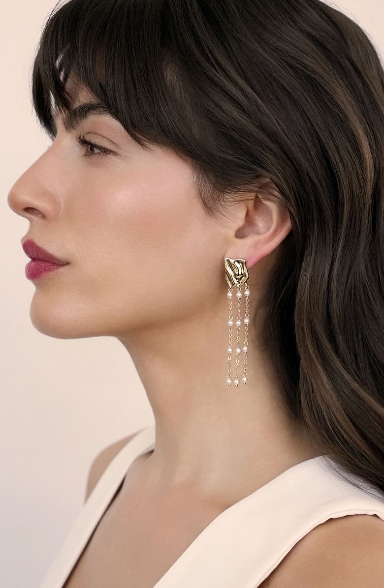 Ettika Faux Pearl Triple Chain Drop Earrings, Alternate, color, Gold